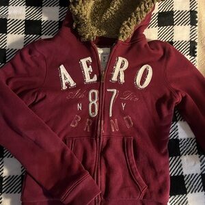 Y2K Aeropostale Maroon Zip-Up Hoodie with Sherpa Hood